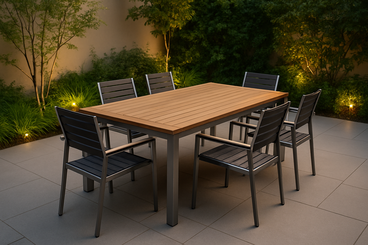 outdoor dining patio with teak and aluminum accents