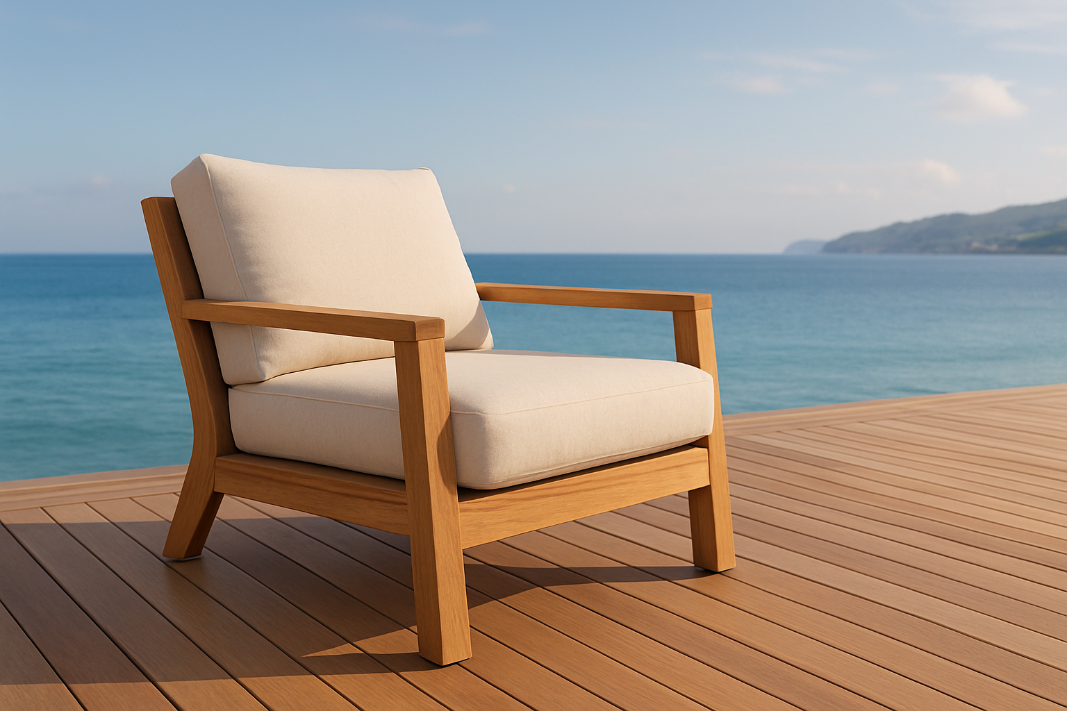 teak lounge seating on coastal deck