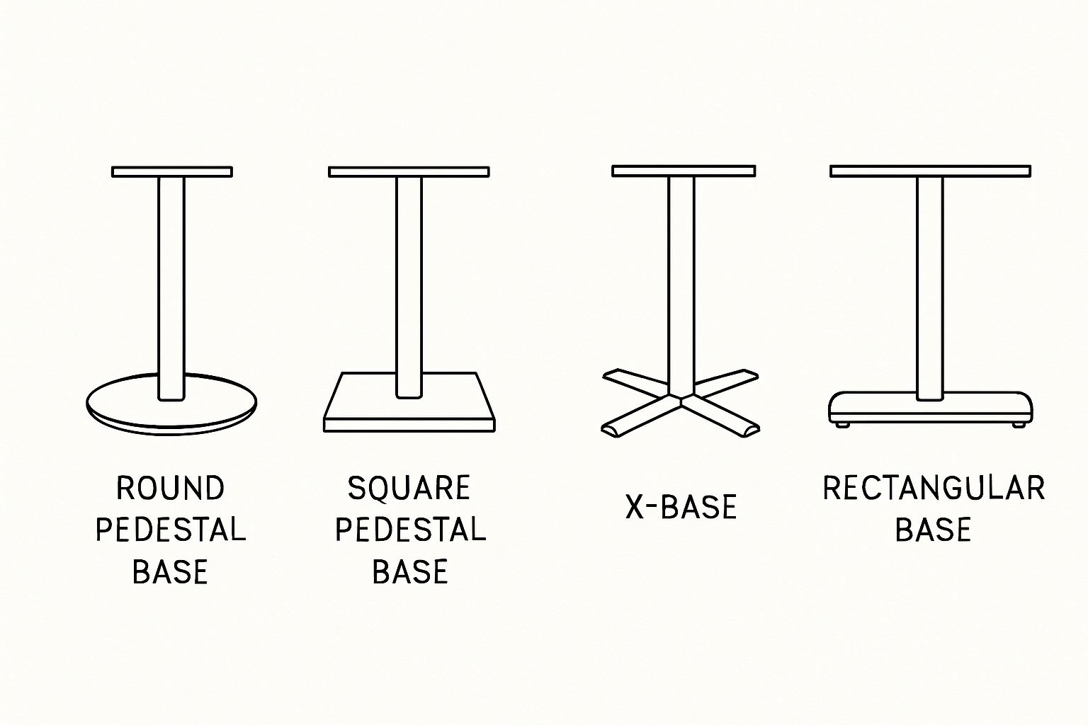 top-down diagram comparing round, square, X, and rectangular bases