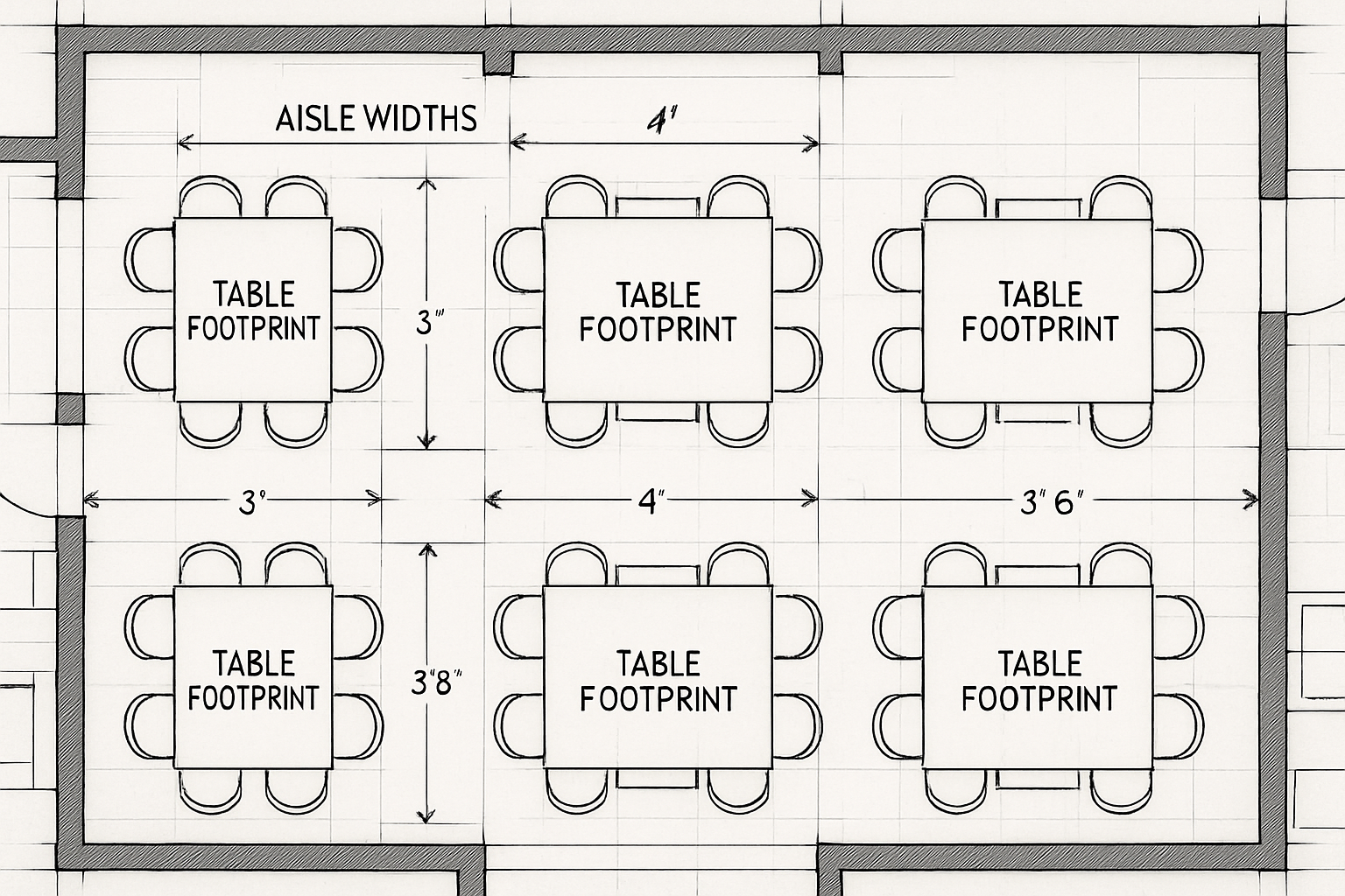 top view diagram showing aisle widths and table footprints