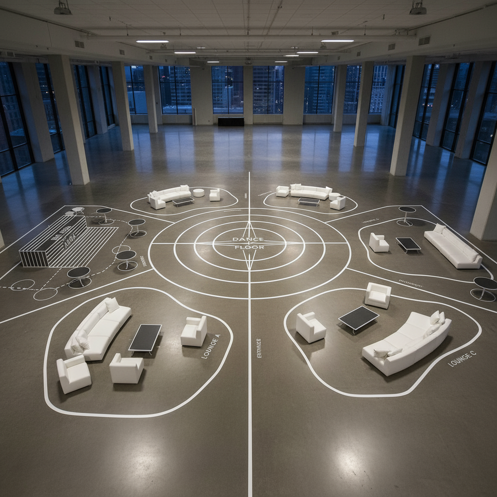 two alternative layouts taped on venue floor