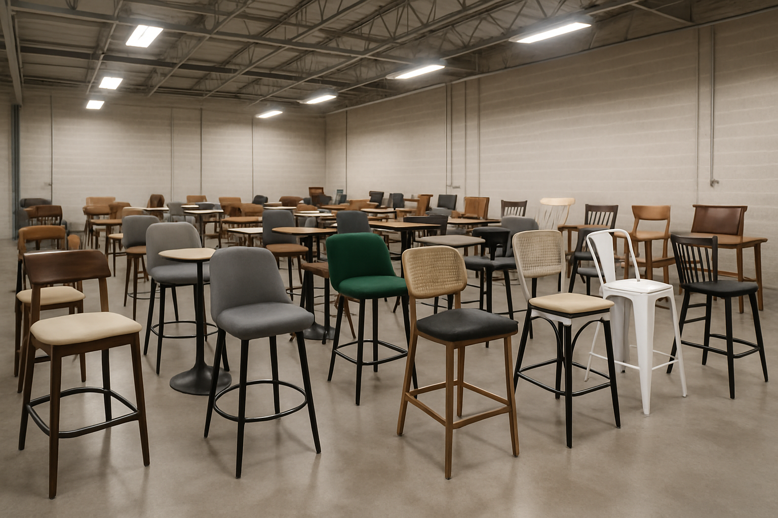 a warehouse showroom filled with various styles of high-quality commercial bar stools