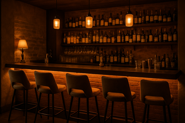 warm bar lighting with stools