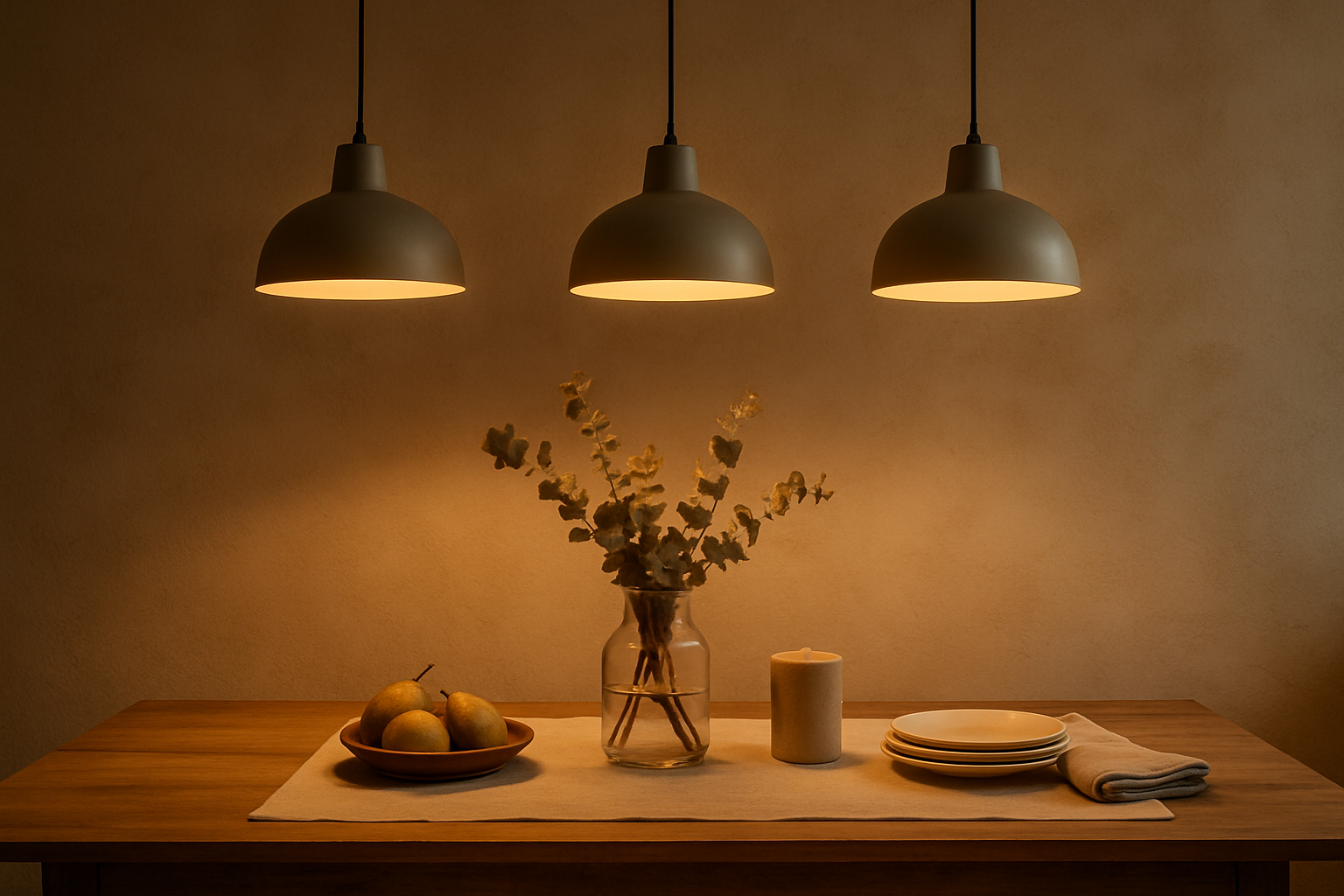 warm pendant lights over a simple decorated table