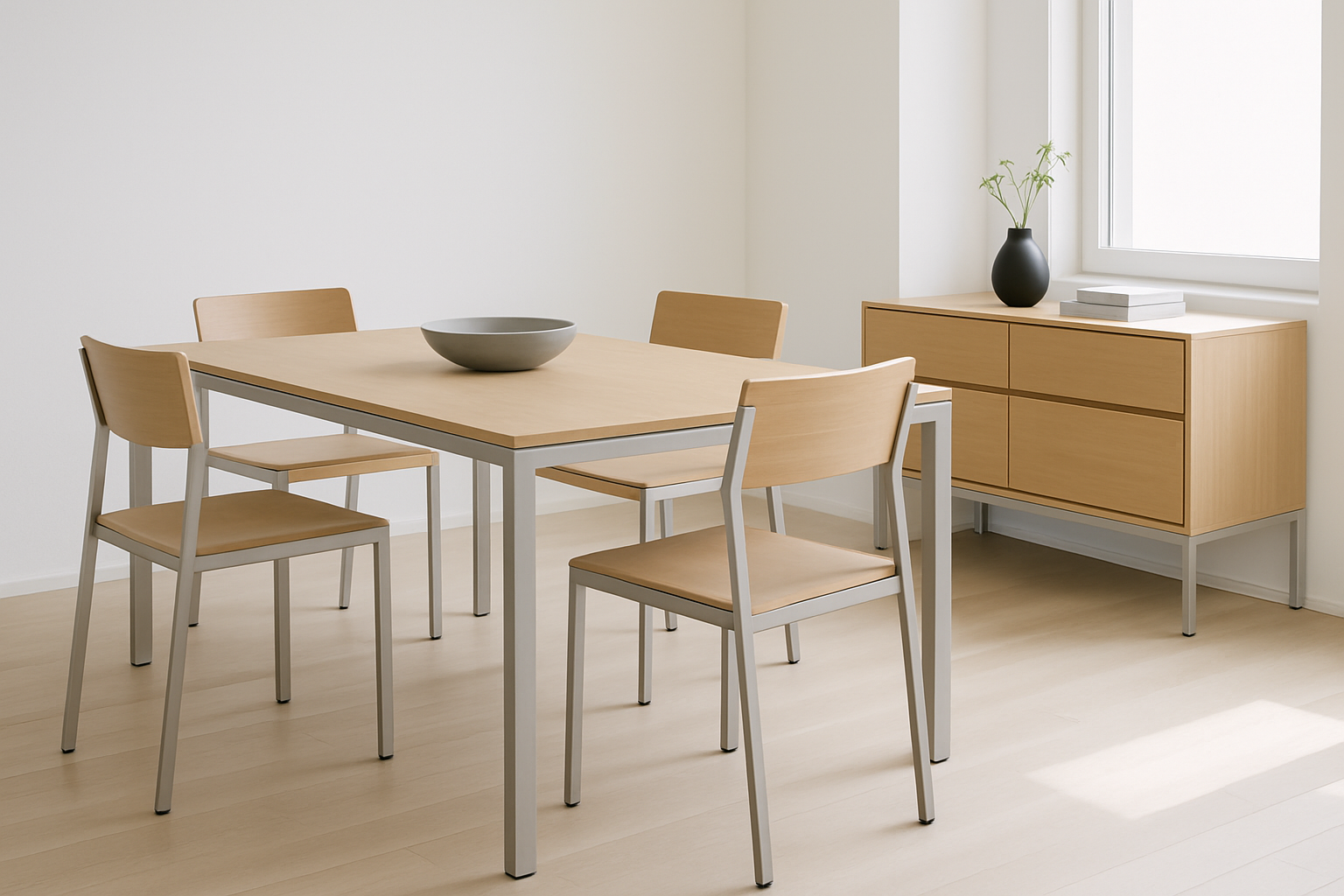 wood and aluminum furniture in a modern dining room