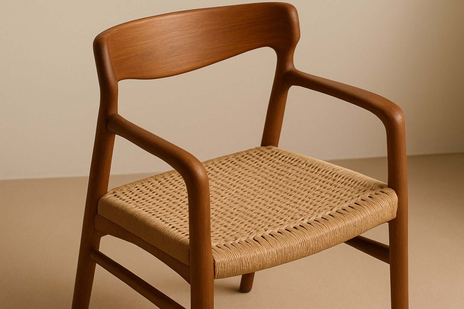 wood dining chair with smooth finish and rattan seat