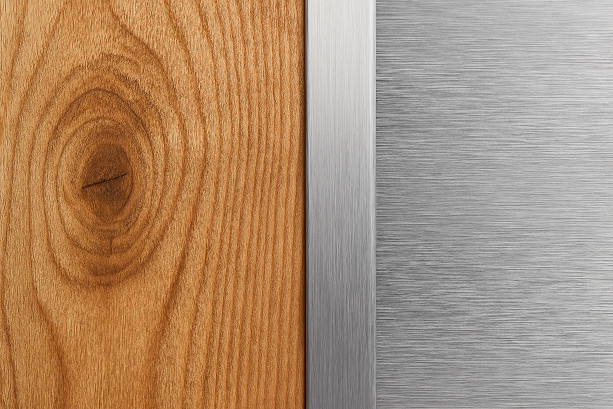wood grain close-up beside brushed aluminum frame