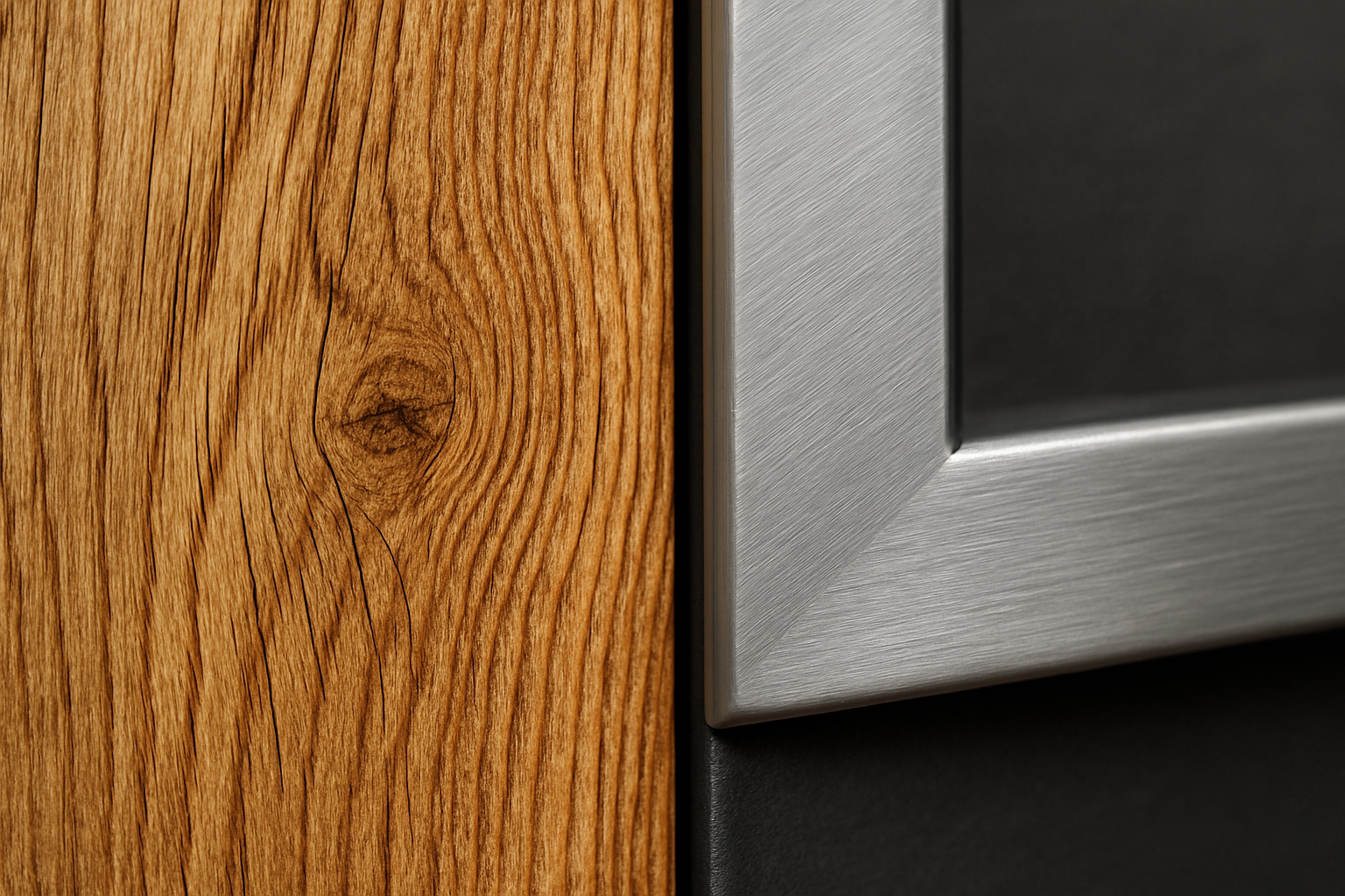 wood grain beside brushed steel frame