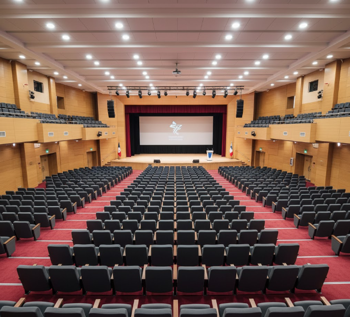 a large auditorium filled with chairs in a theater style layout, all facing the stage