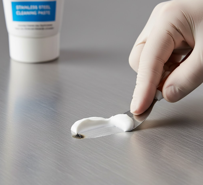 a person carefully applying a cleaning paste to a stubborn spot on a stainless steel surface