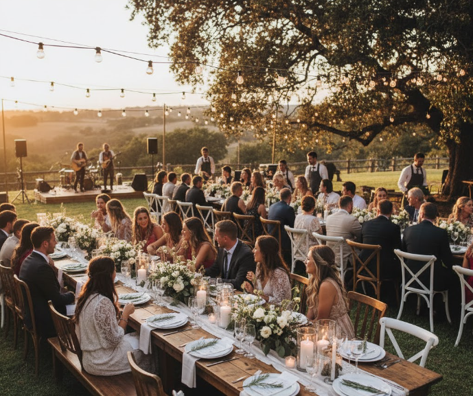 a rustic outdoor wedding with guests dining together at long wooden rectangular tables