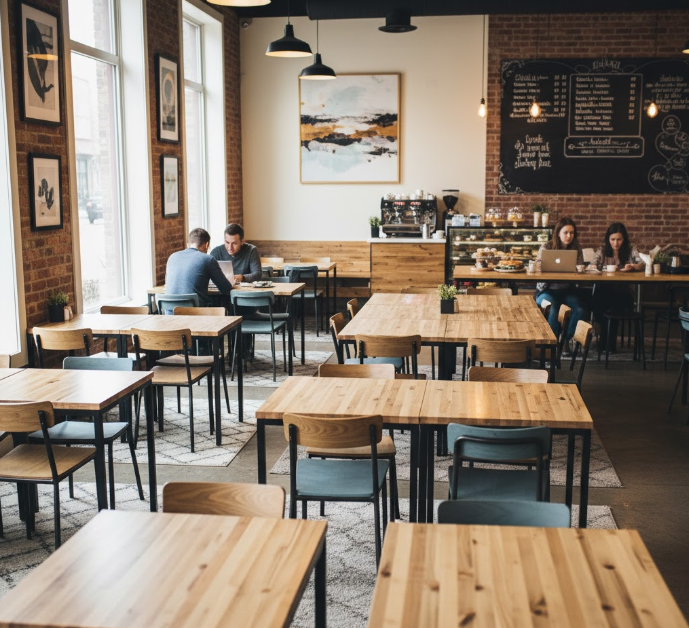 a small cafe or meeting space utilizing square tables to maximize seating efficiency