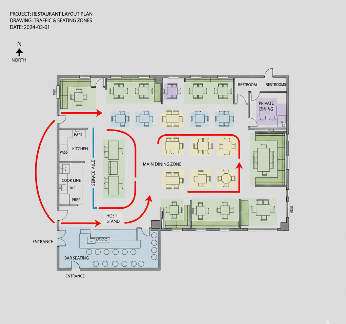floor plan with traffic and seating zones