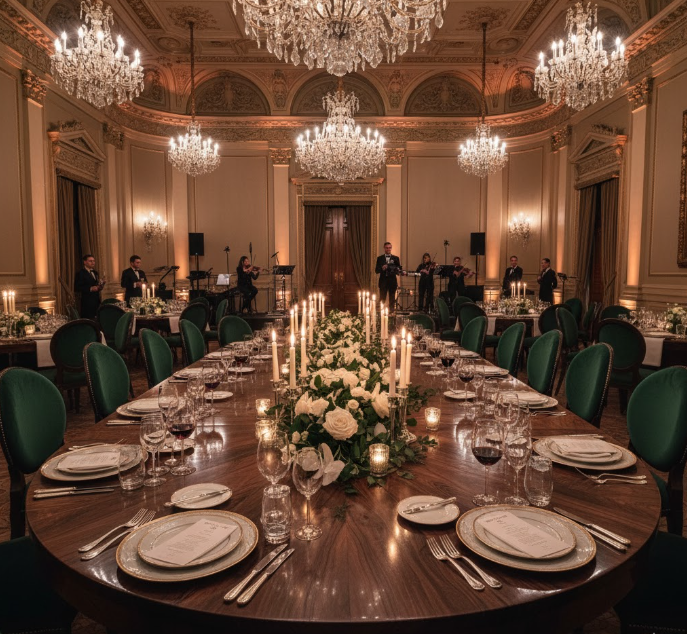 an upscale VIP dinner with a large, polished oval wood table as the centerpiece