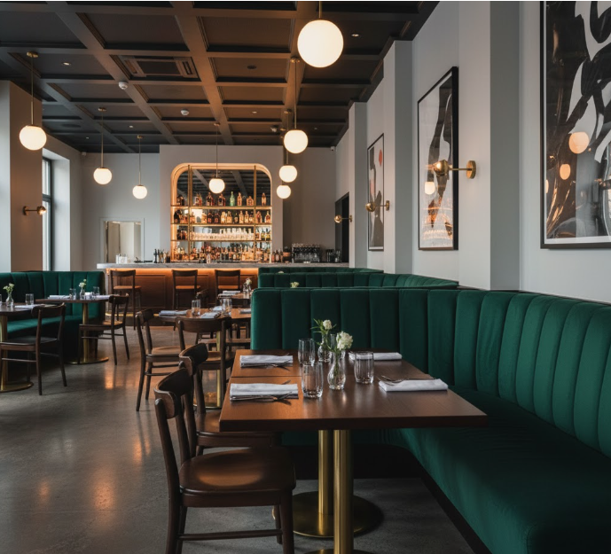 a stylish restaurant interior with comfortable-looking upholstered booths lining the walls