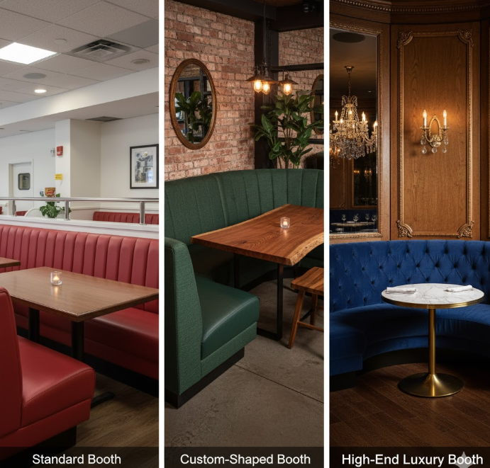 a side-by-side comparison of a standard booth, a custom-shaped booth, and a high-end luxury booth