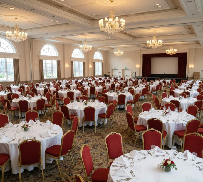 a large banquet hall set up with round tables and many banquet chairs