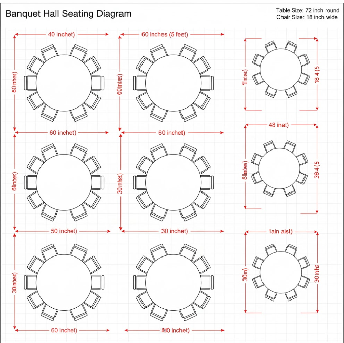 a diagram showing the proper spacing for tables and chairs in a banquet setting