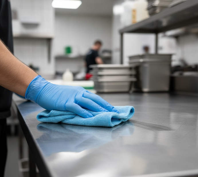 a person gently wiping a stainless steel table with a microfiber cloth