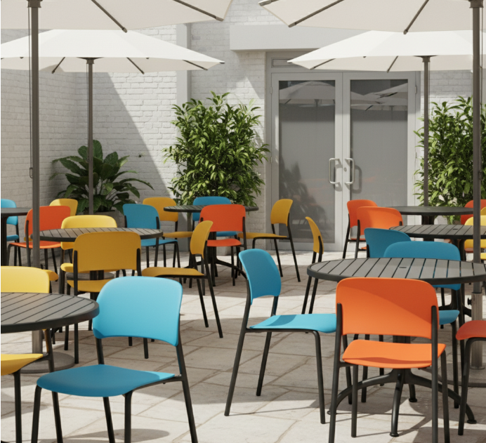 patio seating with metal frames and plastic shells