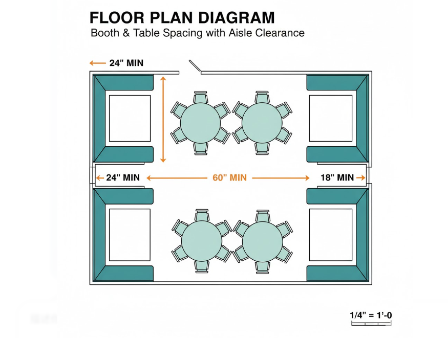 a simple floor plan diagram showing correct booth-to-table spacing and aisle clearance measurements