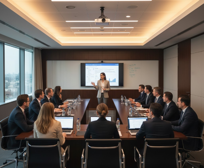 a board discussion in a U-shape seating arrangement allowing the facilitator to interact with everyone