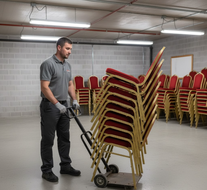 a maintenance worker safely using a chair dolly to move a tall stack of banquet chairs
