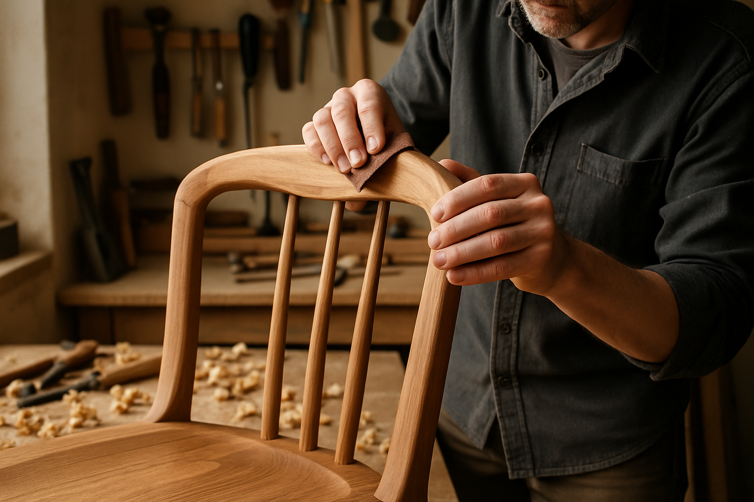 a skilled artisan hand-finishing a wooden restaurant chair in a workshop.