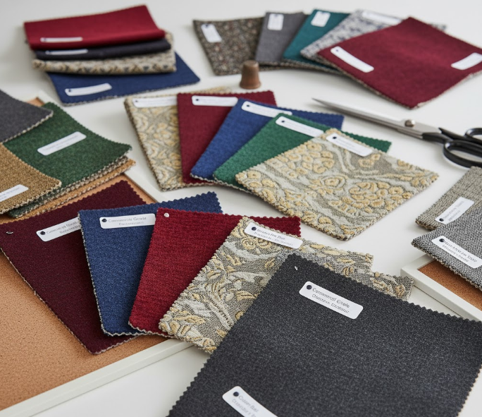 a closeup of different upholstery fabric swatches for banquet chairs