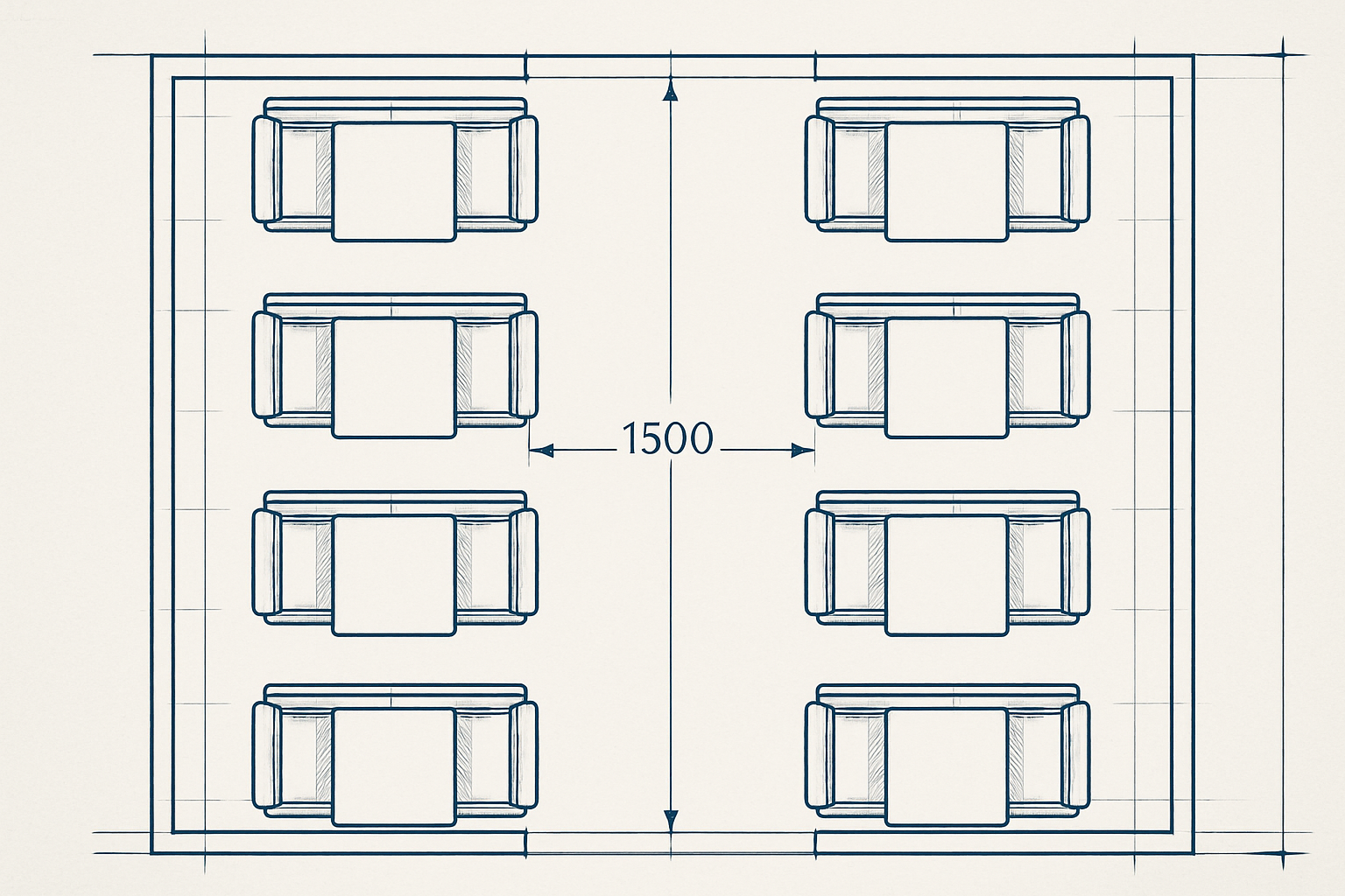 top view showing aisle spacing between booth rows