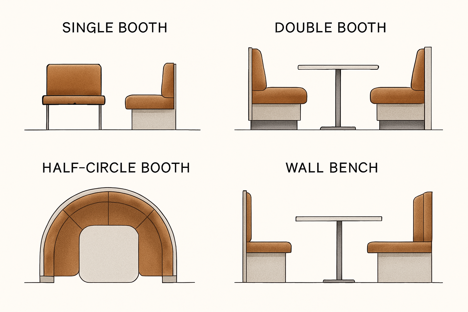 an illustration showing different booth types: single, double, half-circle, and wall bench 