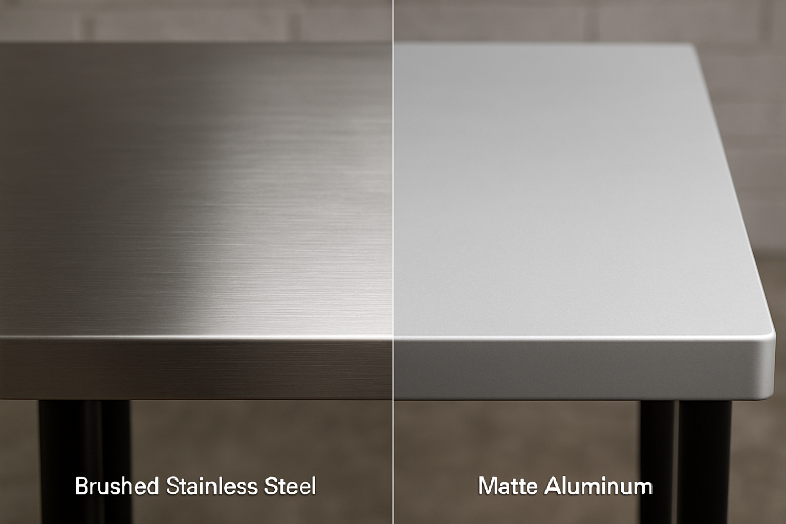 brushed stainless and matte aluminum table tops