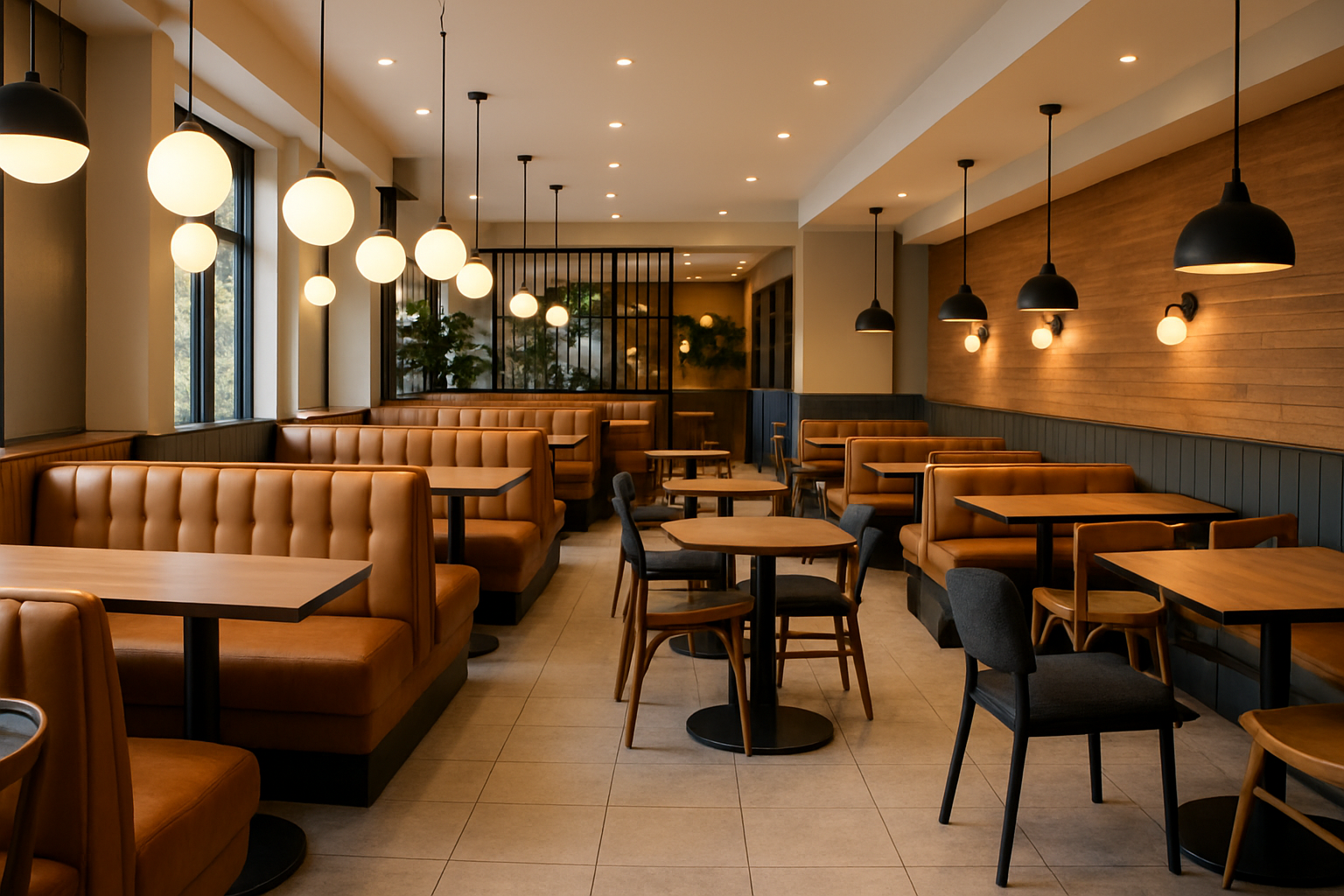 a busy restaurant interior filled with various types of commercial furniture like booths, chairs, and tables