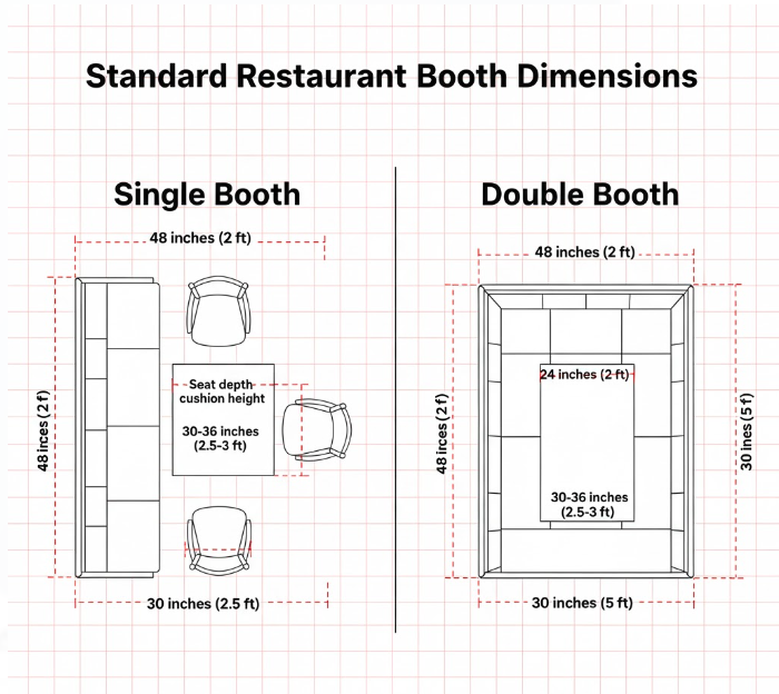 an illustration showing the standard dimensions of a single and double restaurant booth