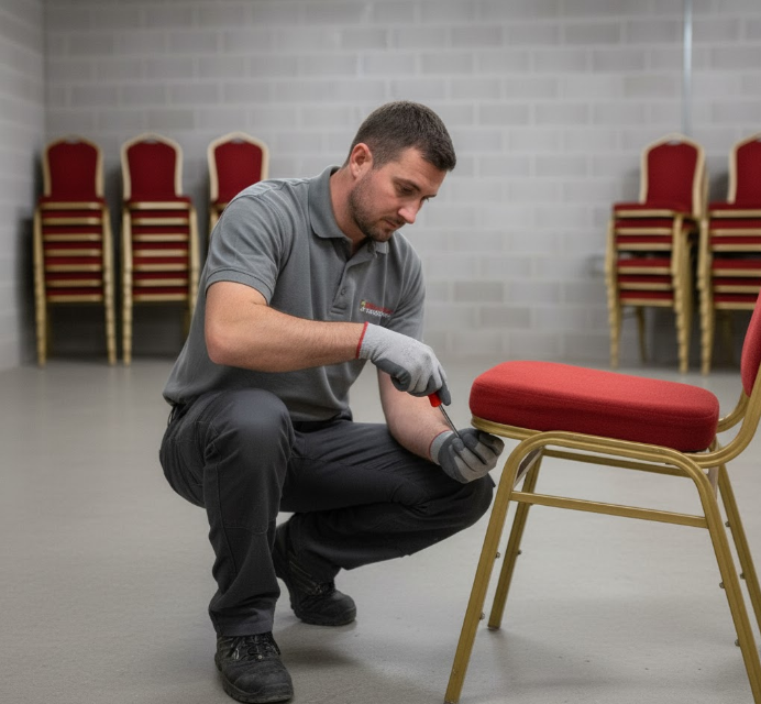 a person inspecting and tightening the screws on the leg of a banquet chair