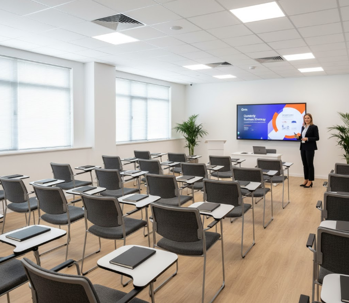 a corporate training room with a neat classroom style seating arrangement facing a presenter