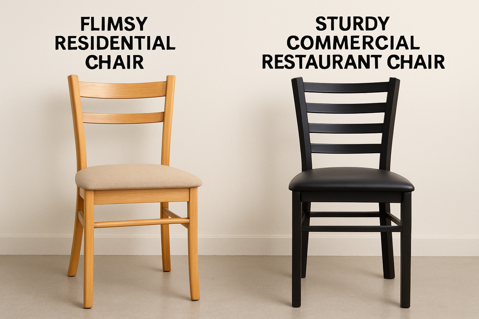 a side-by-side comparison of a flimsy residential chair and a sturdy commercial restaurant chair