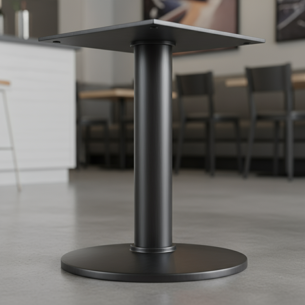 close-up of a commercial table base showing top plate, column, and weighted foot