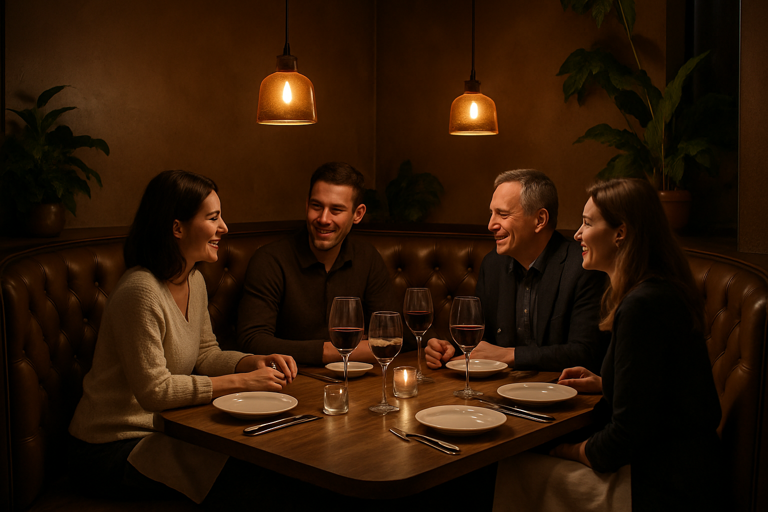 a cozy corner booth where guests are enjoying a private and comfortable dining experience