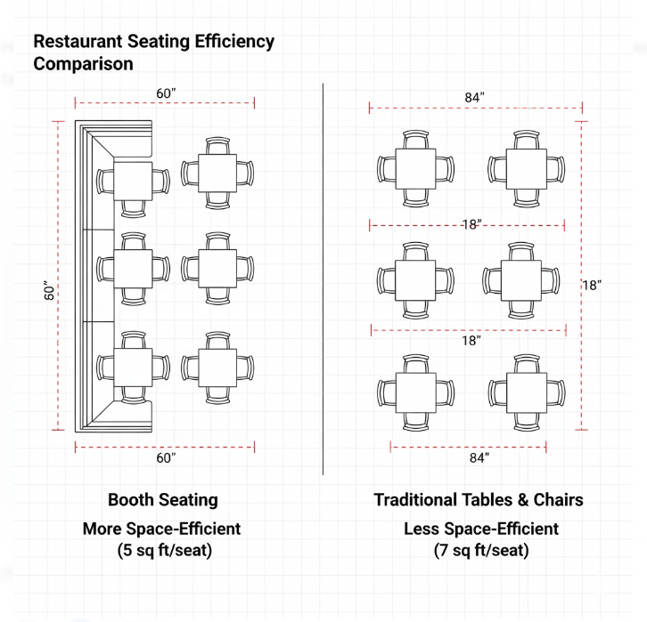 an overhead diagram comparing the space efficiency of booth seating versus traditional tables and chairs