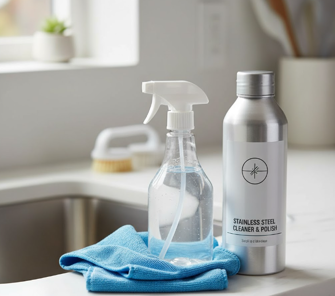 a cleaning kit with a microfiber cloth, spray bottle of mild soap solution, and a bottle of stainless steel