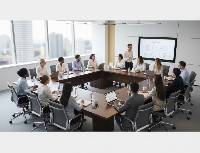 a team strategy meeting with a hollow square seating arrangement promoting collaboration