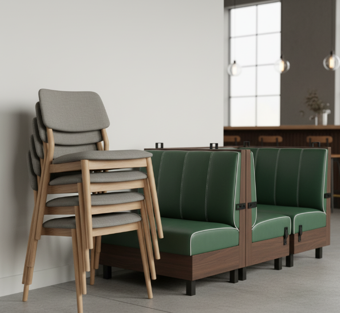 stackable chairs and modular booth pieces