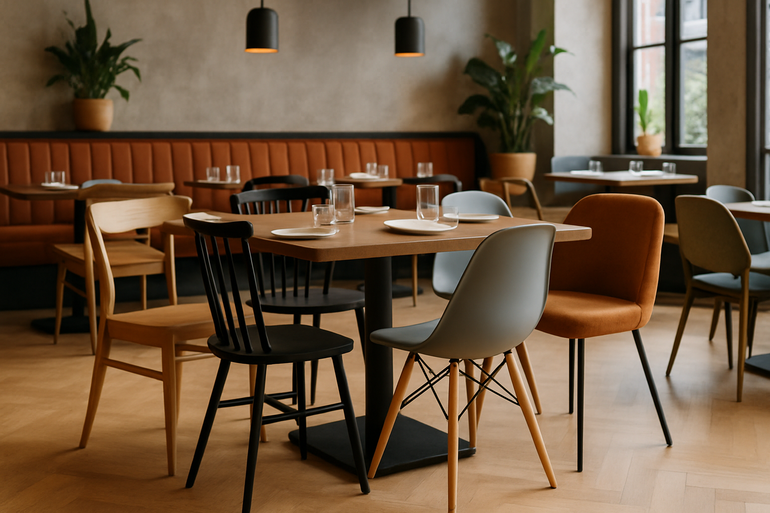 chairs in different materials in a dining room
