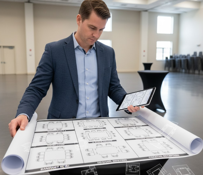 a venue manager looking at a floor plan with different layout templates for various event types