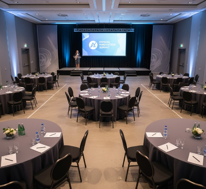 a corporate event using cabaret style seating, with all chairs facing a presentation stage