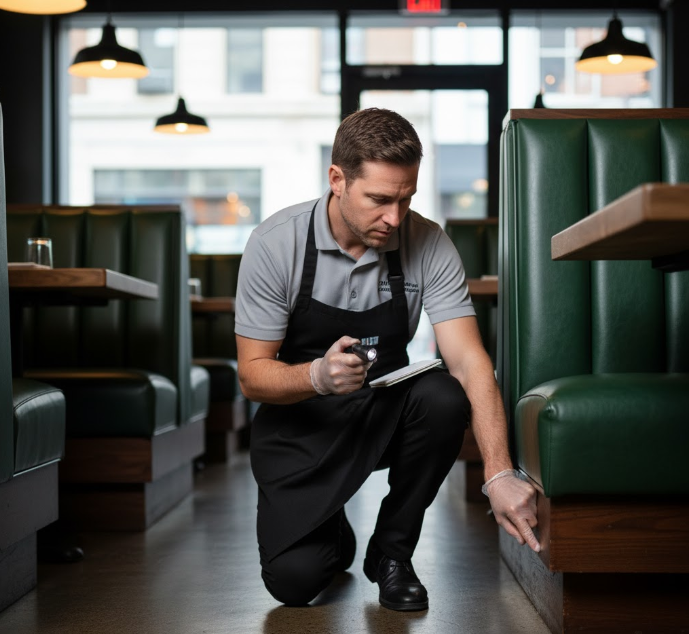 a restaurant manager inspecting the seams and base of a booth as part of a regular maintenance check