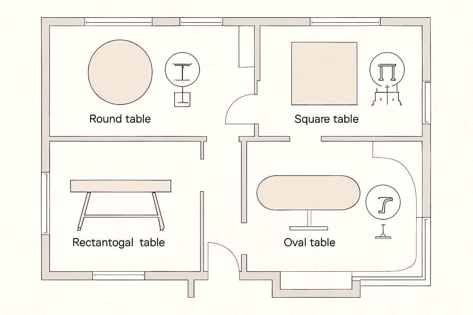 floor plan with icons showing base types per table shape