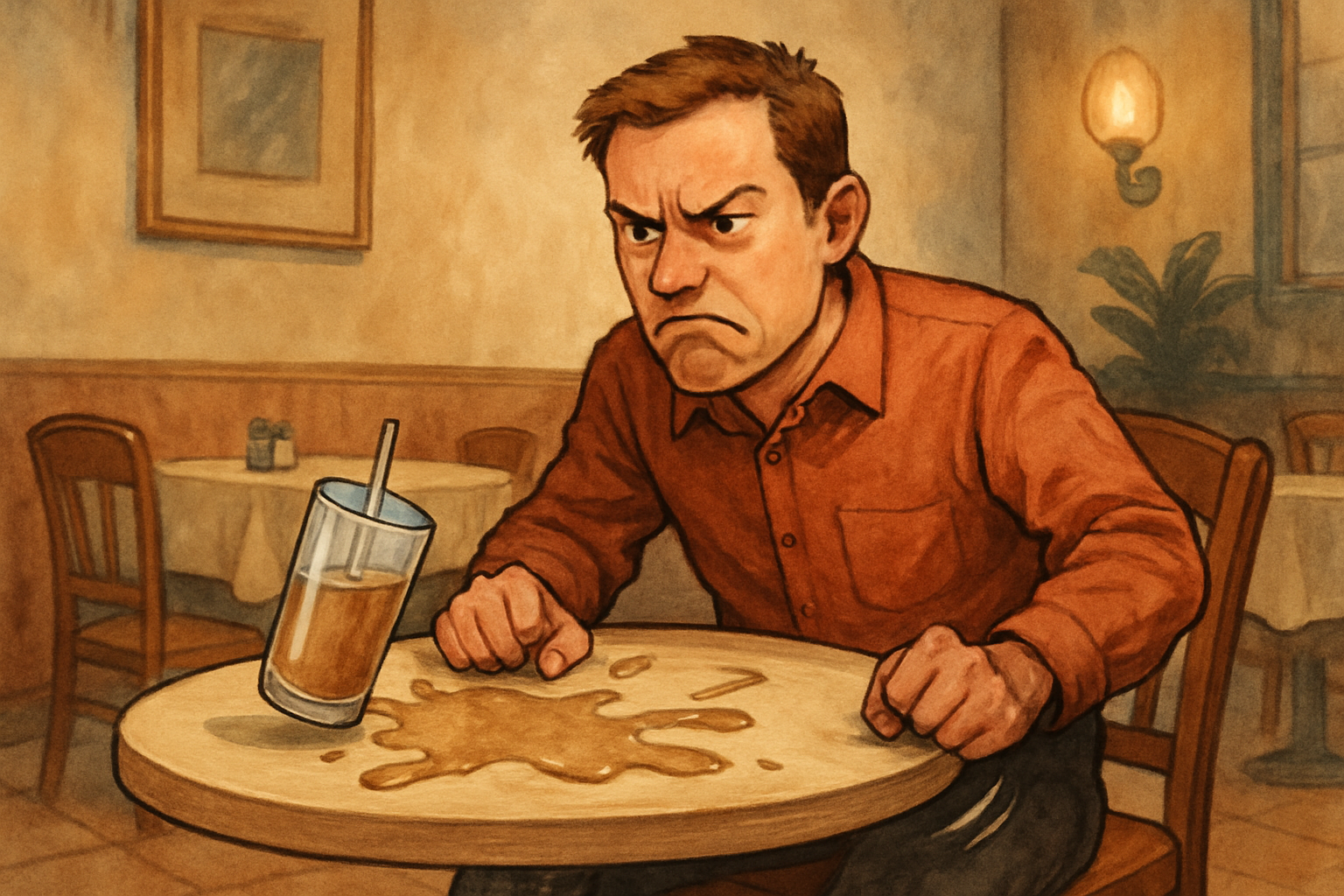 a frustrated customer at a wobbly restaurant table with a spilled drink