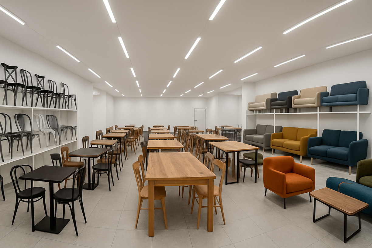 a showroom displaying different types of restaurant furniture: metal chairs, wooden tables, and upholstered booths.